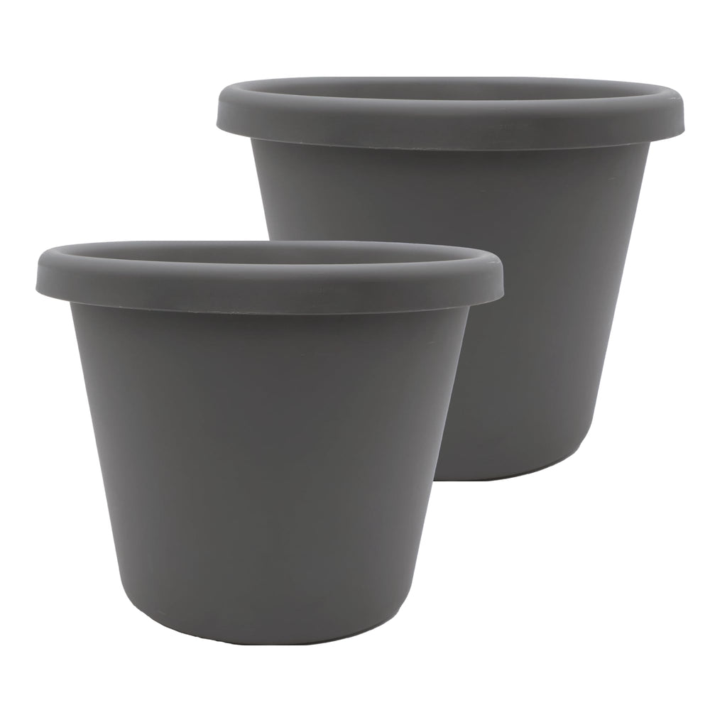 The HC Companies Classic Round Planter Pot front view in warm gray