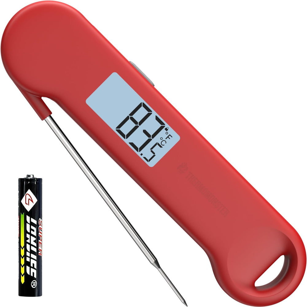 ThermoMonster Instant Read Meat Thermometer front view in red