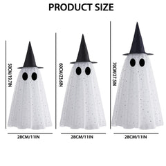 Three KIWDY hanging ghost decorations in a garden