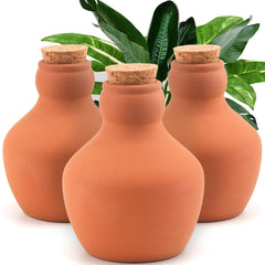 Three large terracotta olla watering pots in a garden setting