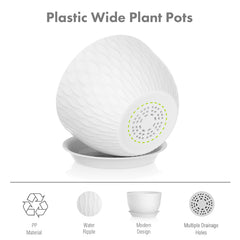 Three Meowell plant pots of varying sizes on a patio