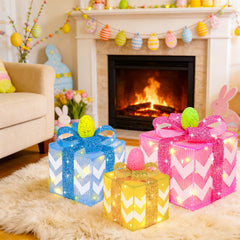 Three sizes of TURNMEON Easter lighted gift boxes stacked