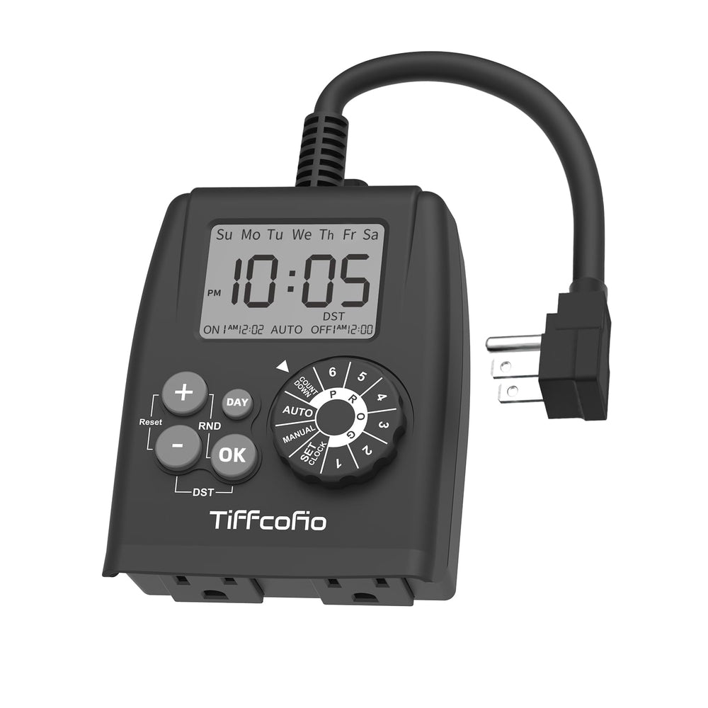 Tiffcofio Digital Outdoor Timer Outlet front view with large display