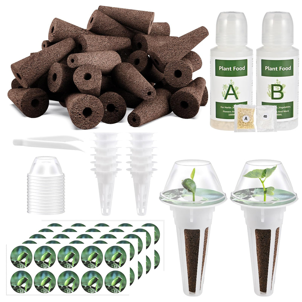 Tigvio 126 Piece Hydroponic Pods Kit contents laid out with grow sponges and baskets