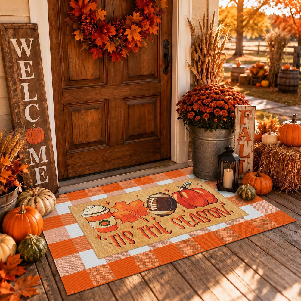 TIKIRUGI Fall Doormat Set with pumpkin design and plaid rug