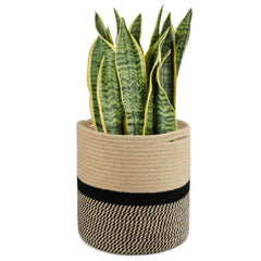 TIMEYARD Large Jute Plant Basket front view, black and jute