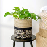 TIMEYARD Small Wicker Plant Basket, black jute, front view