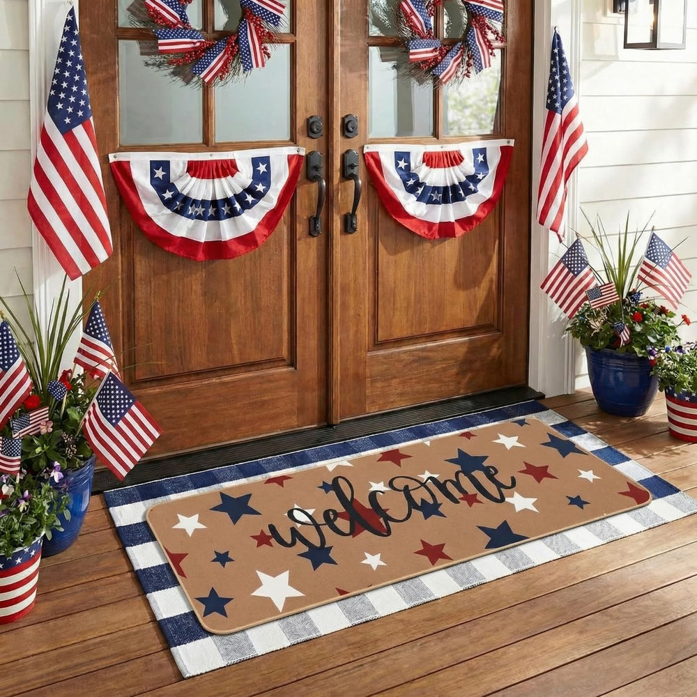 Tinideya 4th of July Patriotic Door Mat set with buffalo plaid pattern