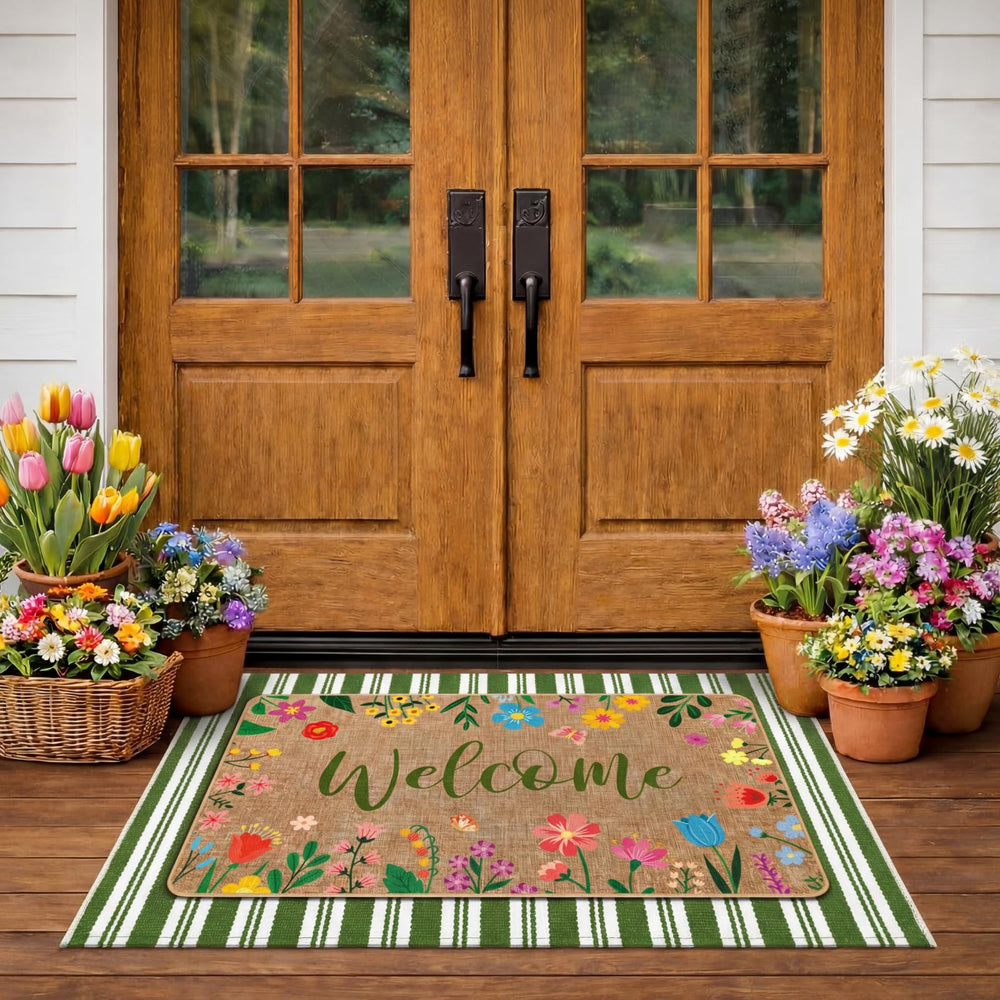 Tinideya Floral Layered Door Mat set in green and white, front view