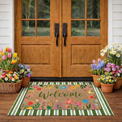 Tinideya Floral Layered Door Mat set in green and white, front view