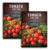 Tiny Tim Tomato Seeds pack front view, red and green seeds