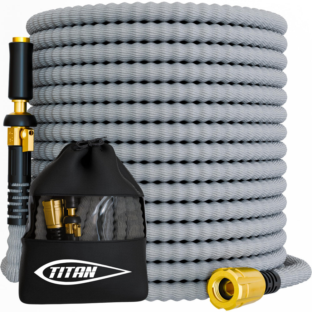 Titan 25FT Flexible Garden Hose front view with brass fittings