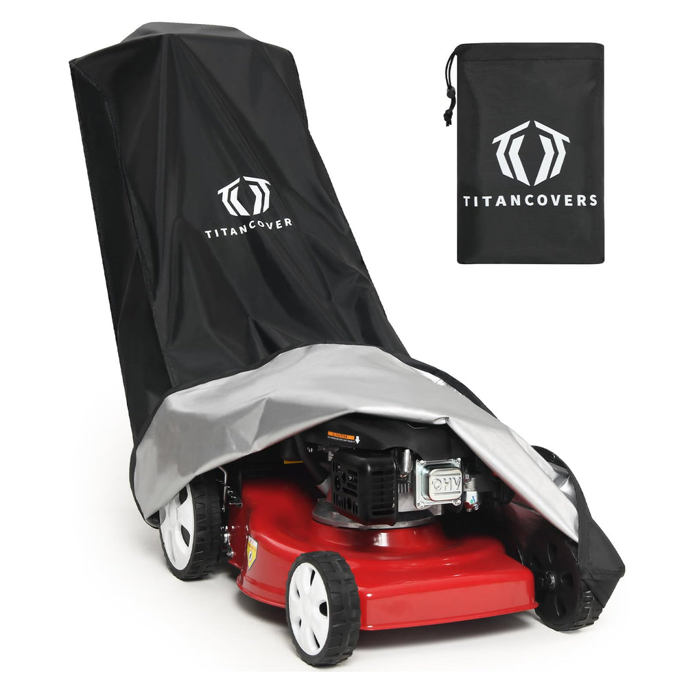 TITANCOVERS Push Lawn Mower Cover front view with drawstring