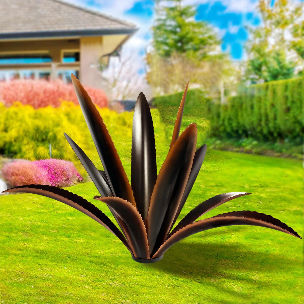 TOMBABY Agave Metal Sculpture front view with 12 black leaves