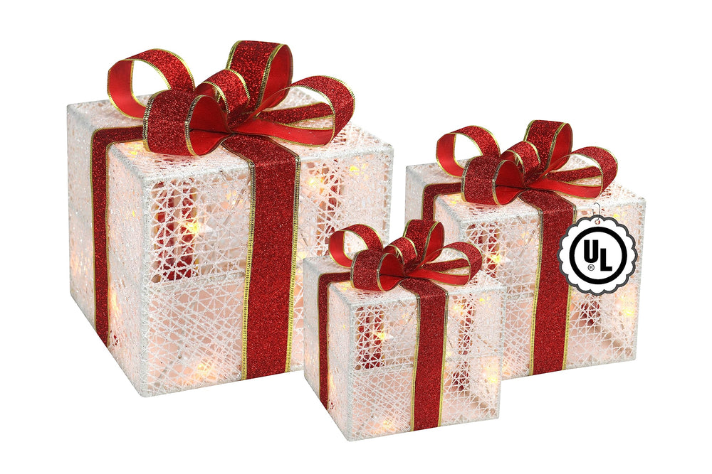 Top Treasures 3-piece lighted gift boxes set front view with warm LED lights
