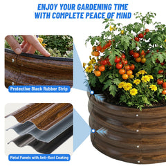 Top view of SnugNiture round galvanized raised garden bed filled with soil