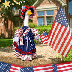 Top view of Suzile goose costume with star-patterned dress and striped hat