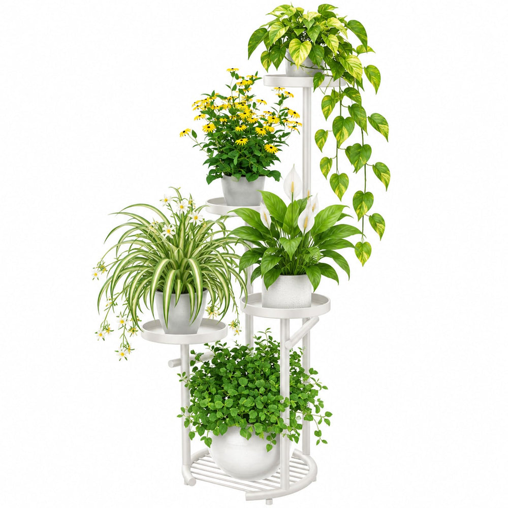 TOSKING 5-Tier Round Metal Corner Plant Stand in white, front view