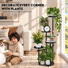 TOSKING 5-Tier Round Metal Plant Stand in Black with plants arranged