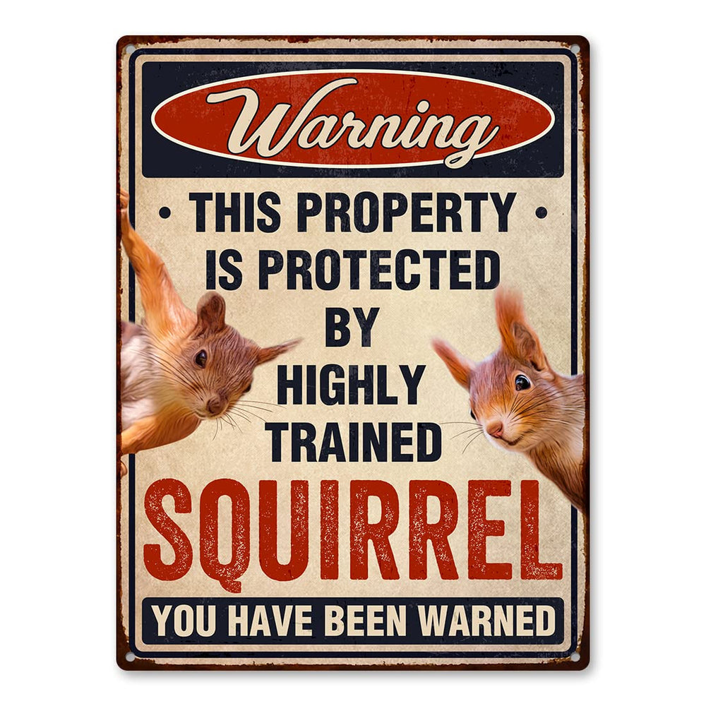 TP GLOBAL Funny Squirrels Sign front view with vibrant red colours