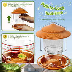 TrampgiK bird feeder installed outdoors with bird seeds