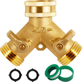 Triumpeek Brass Garden Hose Splitter front view with connectors