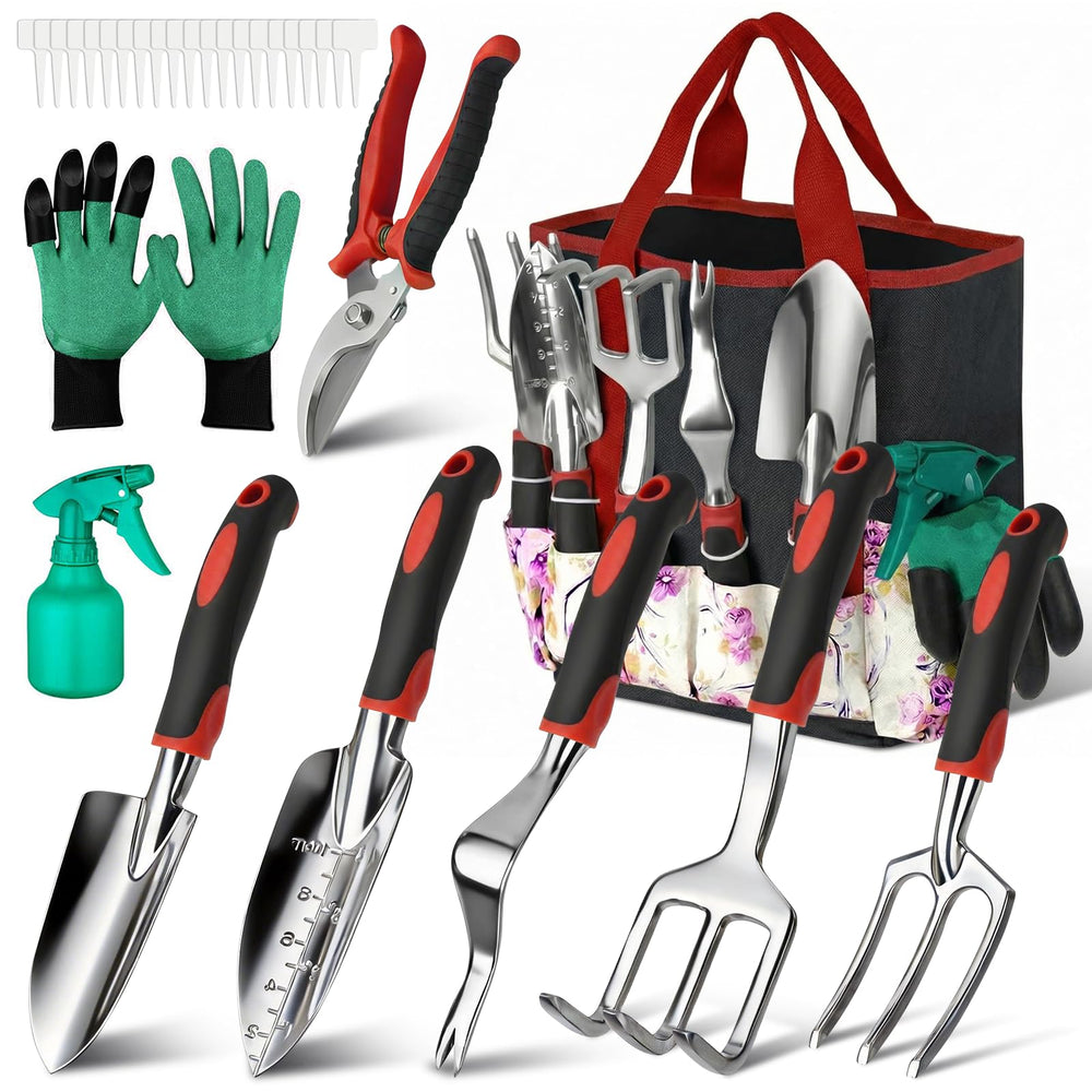 Tudoccy 30-piece garden tool set displayed in vintage floral tote bag