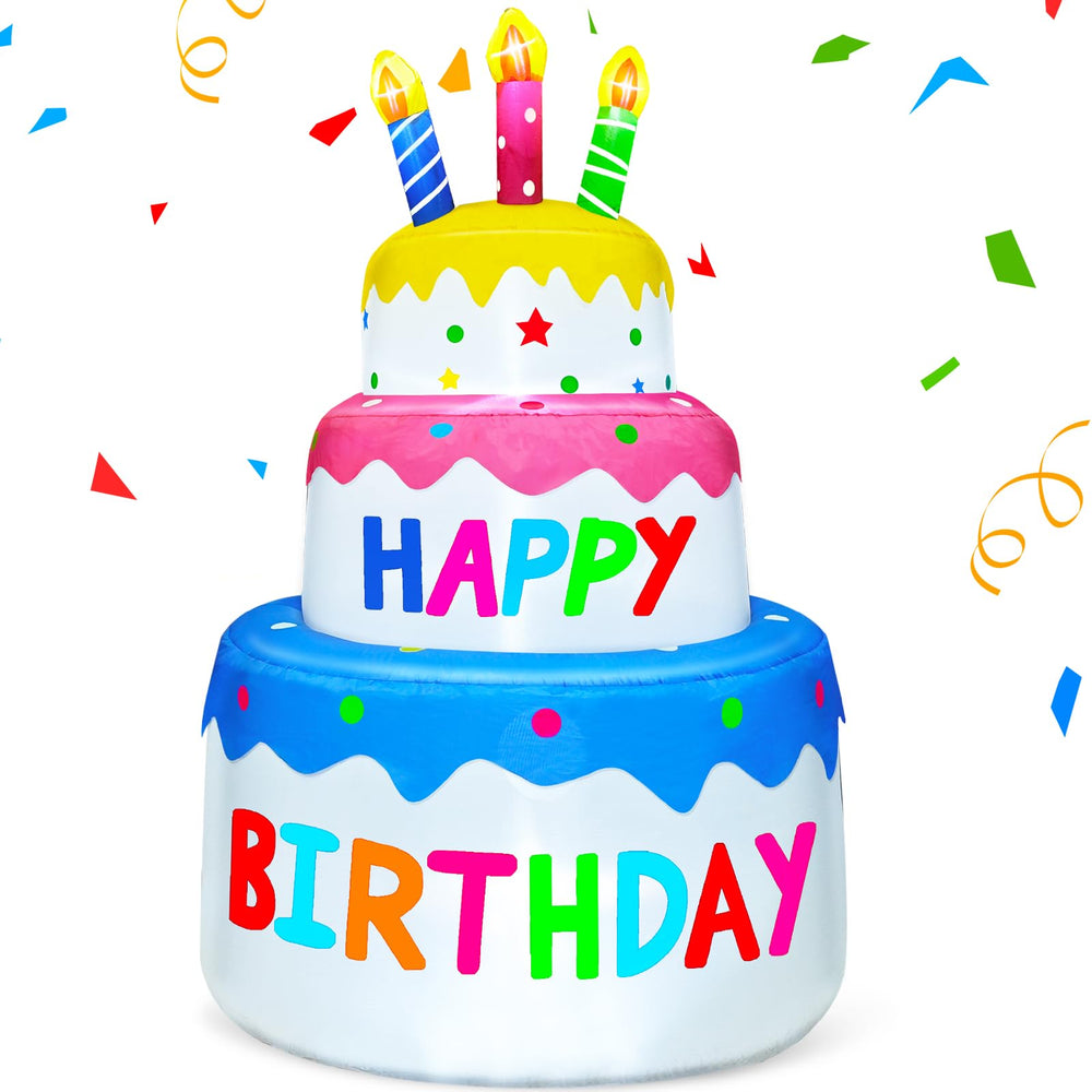 TURNMEON 6 Ft Inflatable Happy Birthday Cake front view with LED lights