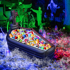 TURNMEON Inflatable Coffin Cooler in a backyard BBQ setting