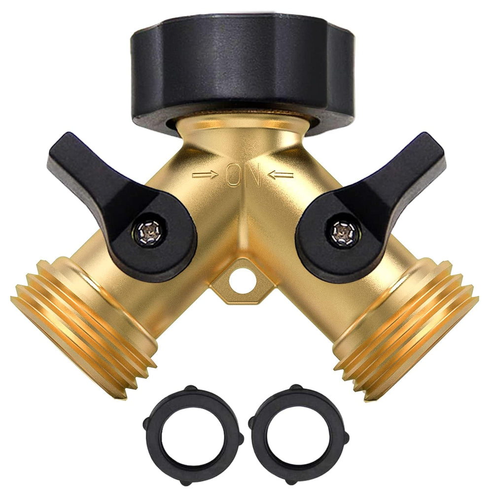 Twinkle Star 2 Way Garden Hose Splitter front view showing brass finish