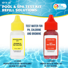 Two 1/2 ounce dropper bottles of chlorine and pH test solutions