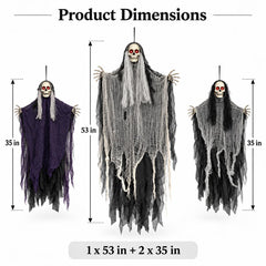 Two 35-inch black skeleton ghosts with glowing eyes hanging