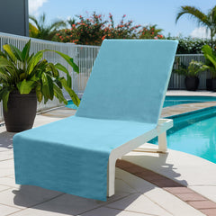 Two COTTON CRAFT Pool Lounge Chair Covers laid out on a lounge chair