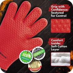 Two Kitchen Perfection BBQ Gloves hanging on sticky hangers
