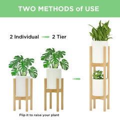 Two-tier setup of MUDEELA plant stands showcasing different pot sizes