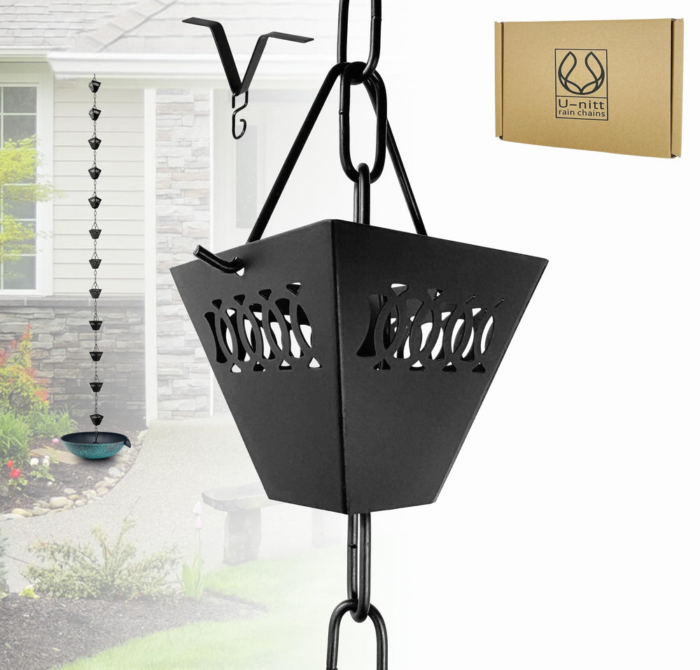 U-nitt Rain Chain 8.5 FT black square cups front view