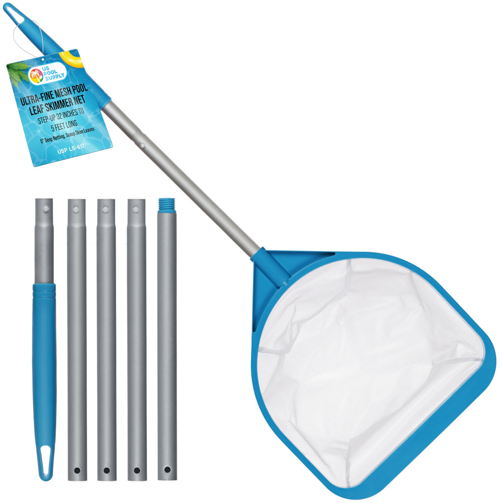 U.S. Pool Supply skimmer net with 5-section pole, teal blue front view