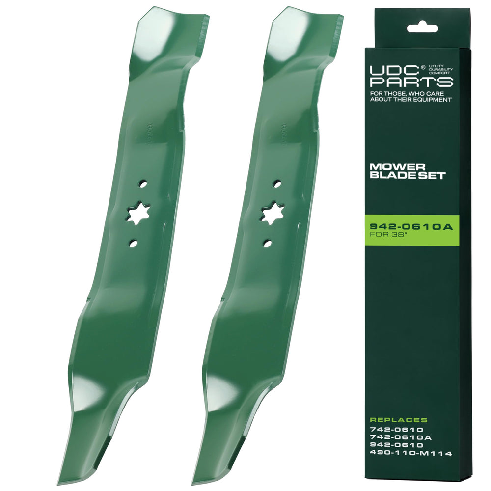 UDC Parts mulching blades front view, green color, for 38 inch mowers