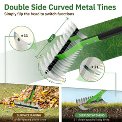 UIABOPZ Thatch Rake in a garden setting, demonstrating usage