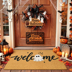 ULTSOFE Halloween Ghost Door Mat front view with welcome text