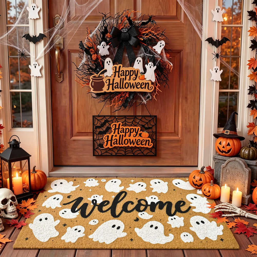 ULTSOFE Halloween Welcome Mat front view with ghost graphic