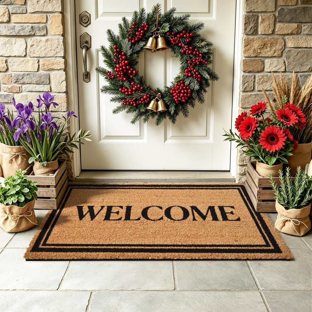 ULTSOFE Natural Coir Welcome Door Mat front view with welcome script