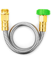 UNCO stainless steel garden hose front view, 2 feet long, silver