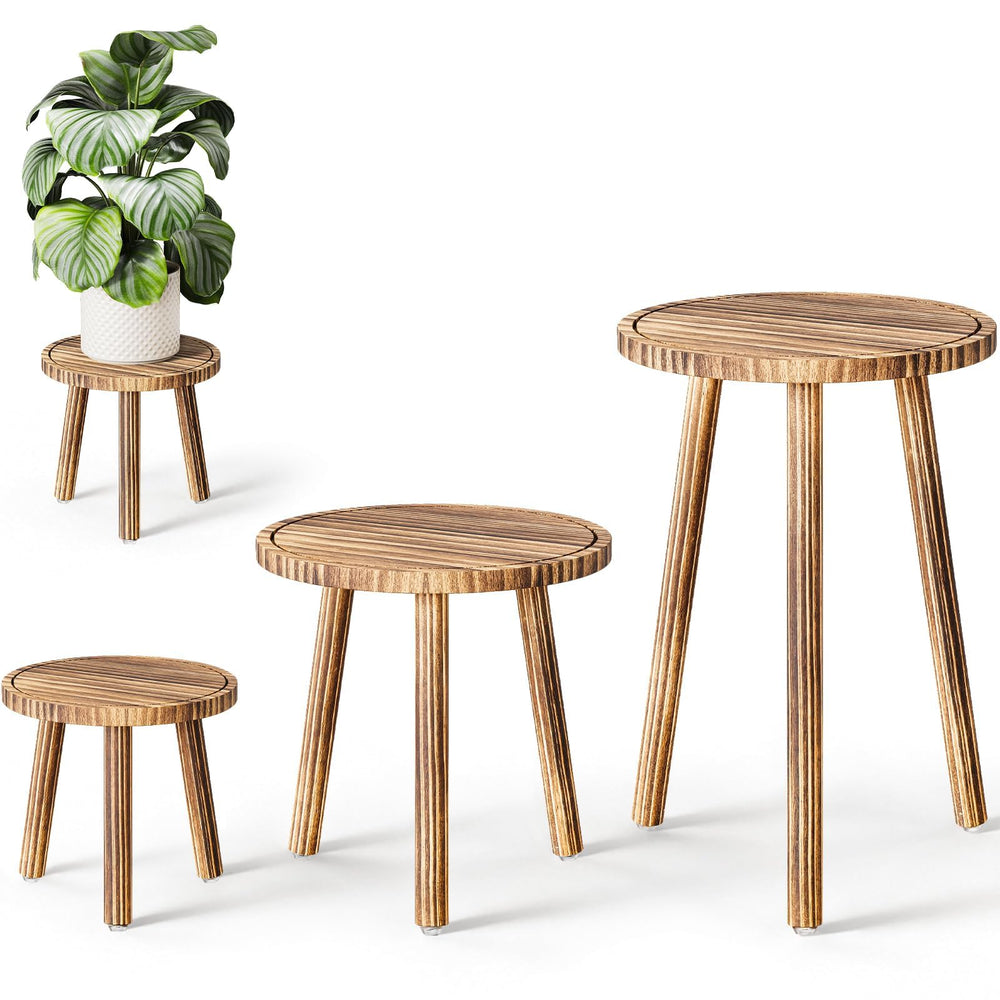 Uneedem 3-Pack Taller Plant Stand Natural Wood front view
