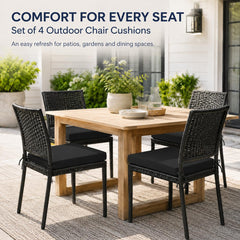 UNIKOME black outdoor chair cushion with ties on a patio chair