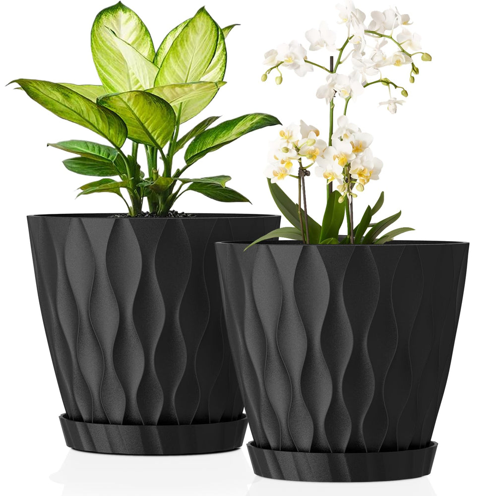 UOUZ 8 Inch Plant Pot with drainage holes and tray, black