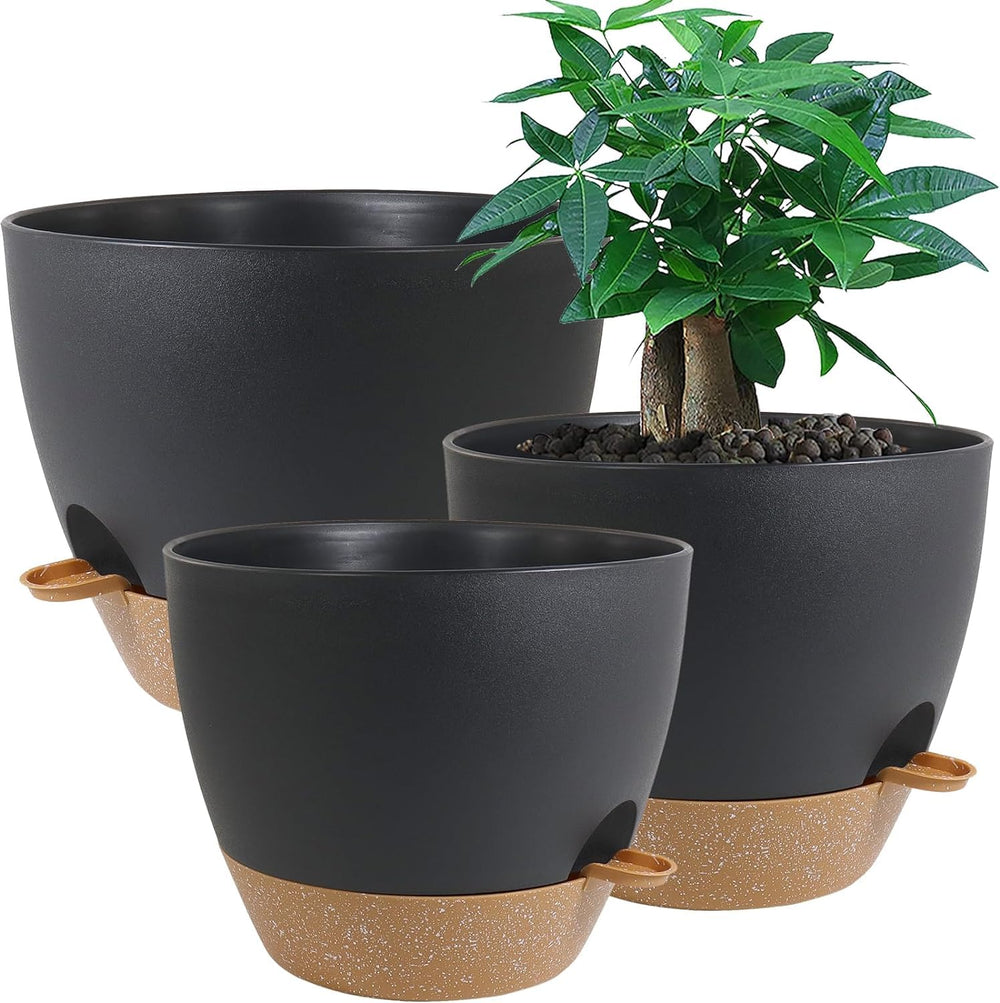 UOUZ self watering pots set of three in black with brown, 12/10/9 inch sizes