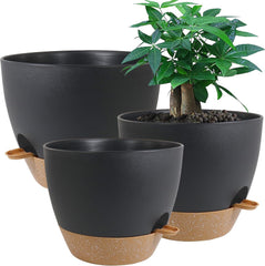 UOUZ self watering pots set of three in black with brown, 12/10/9 inch sizes