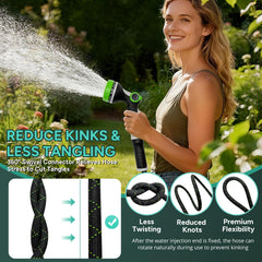 User holding SOLMIO garden hose while watering plants