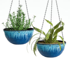 Vanslogreen 12 inch glazed hanging planter blue flow glaze front view